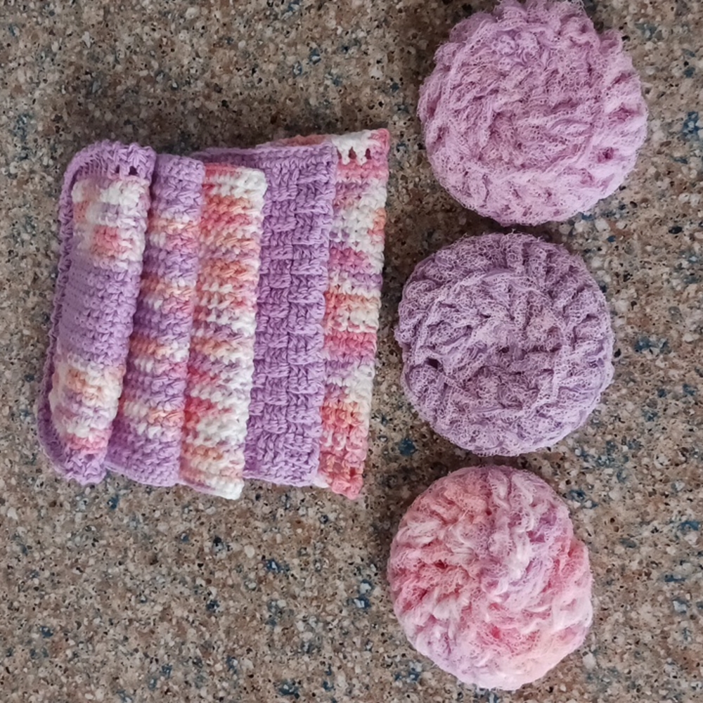 Hostess Set 5 dishcloths 3 scrubbies crochet handmade Purple Pink Spring
